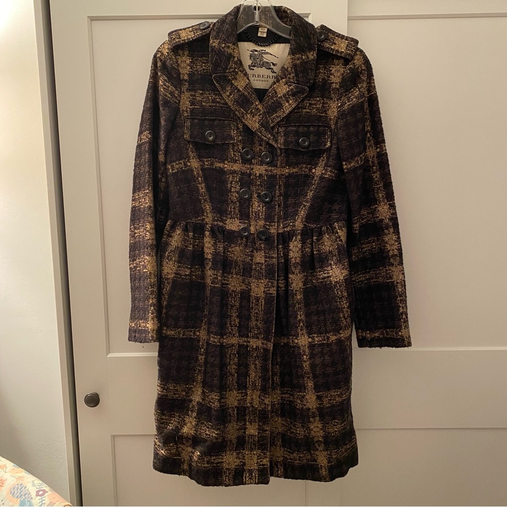 Burberry Double Breasted Plaid Coat